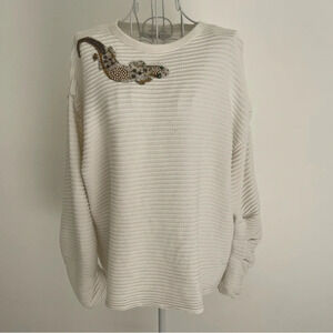 Uterque cotton blend pullover top lizard beaded embroidery long sleeve white M